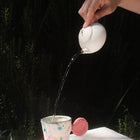 A hand pours dark liquid from a small white teapot into a clear patterned cup resting on a white tablecloth, with a pink sponge nearby and a dark outdoor background.