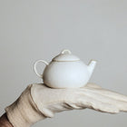 White ceramic teapot held by a gloved hand against a plain background